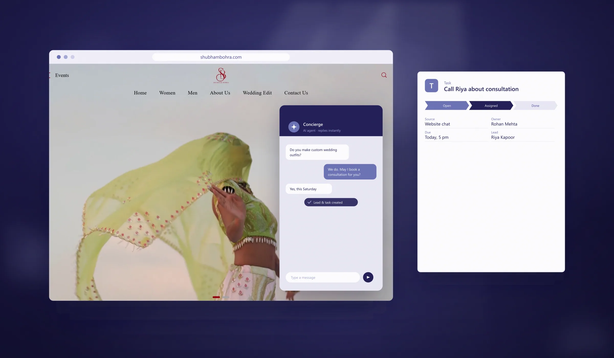 Website chat widget beside the created Salesforce task