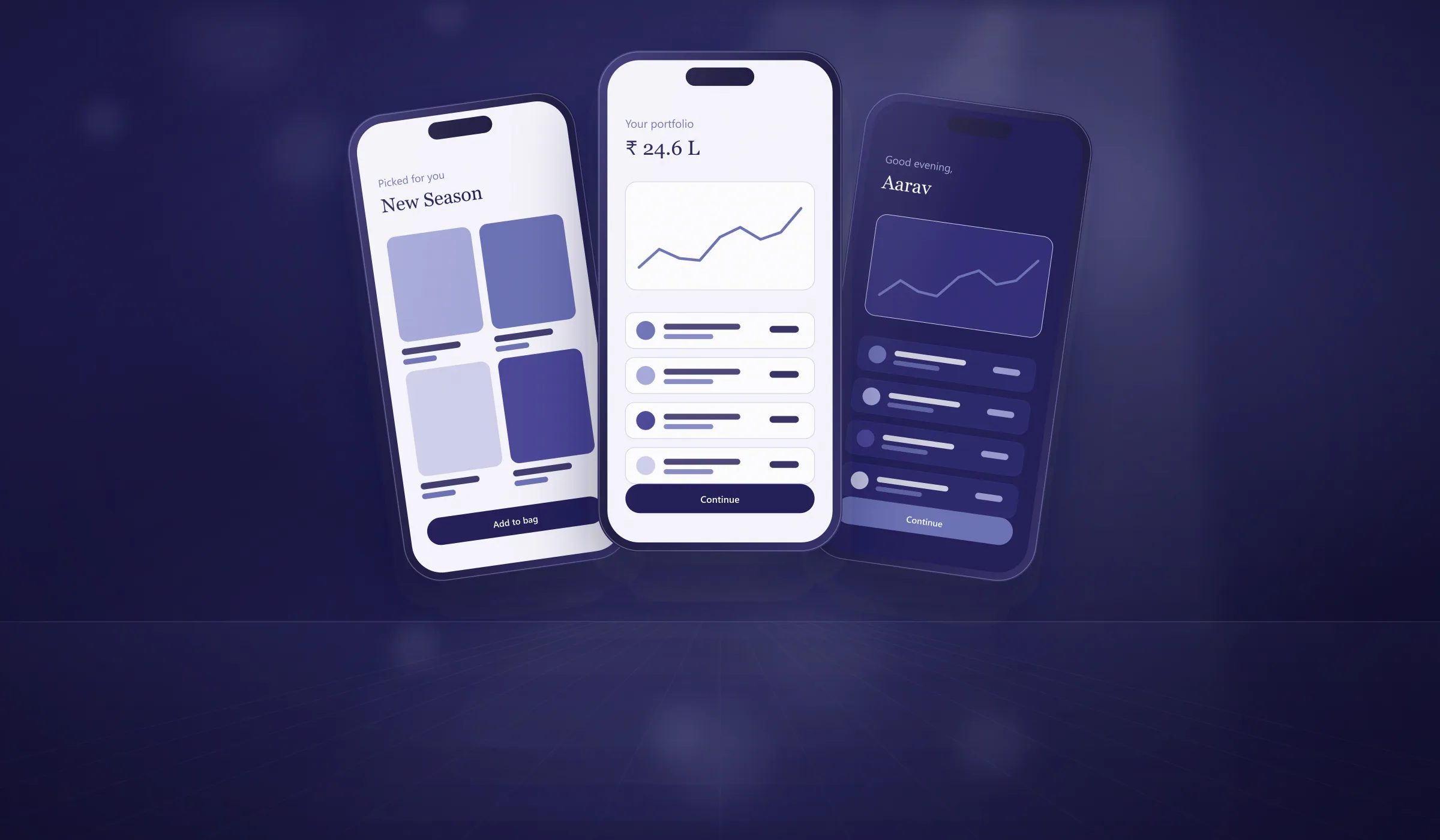 iOS and Android app development: smartphones floating in lavender light