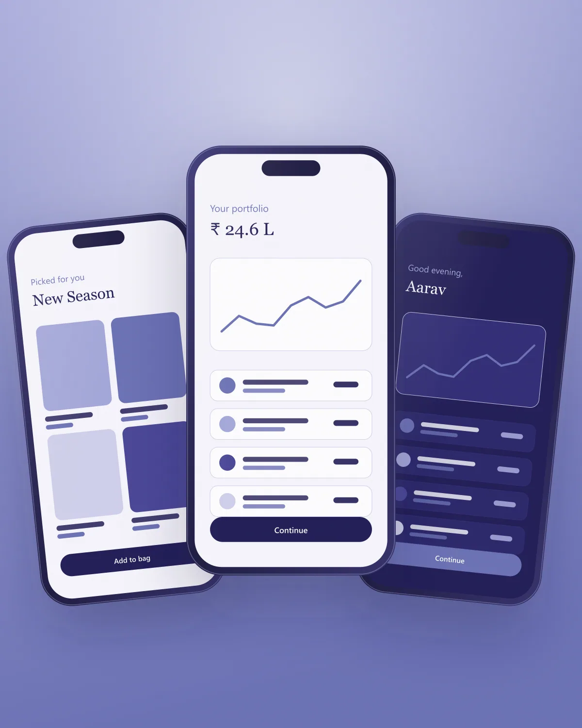 Three mobile app screens designed by Techobits