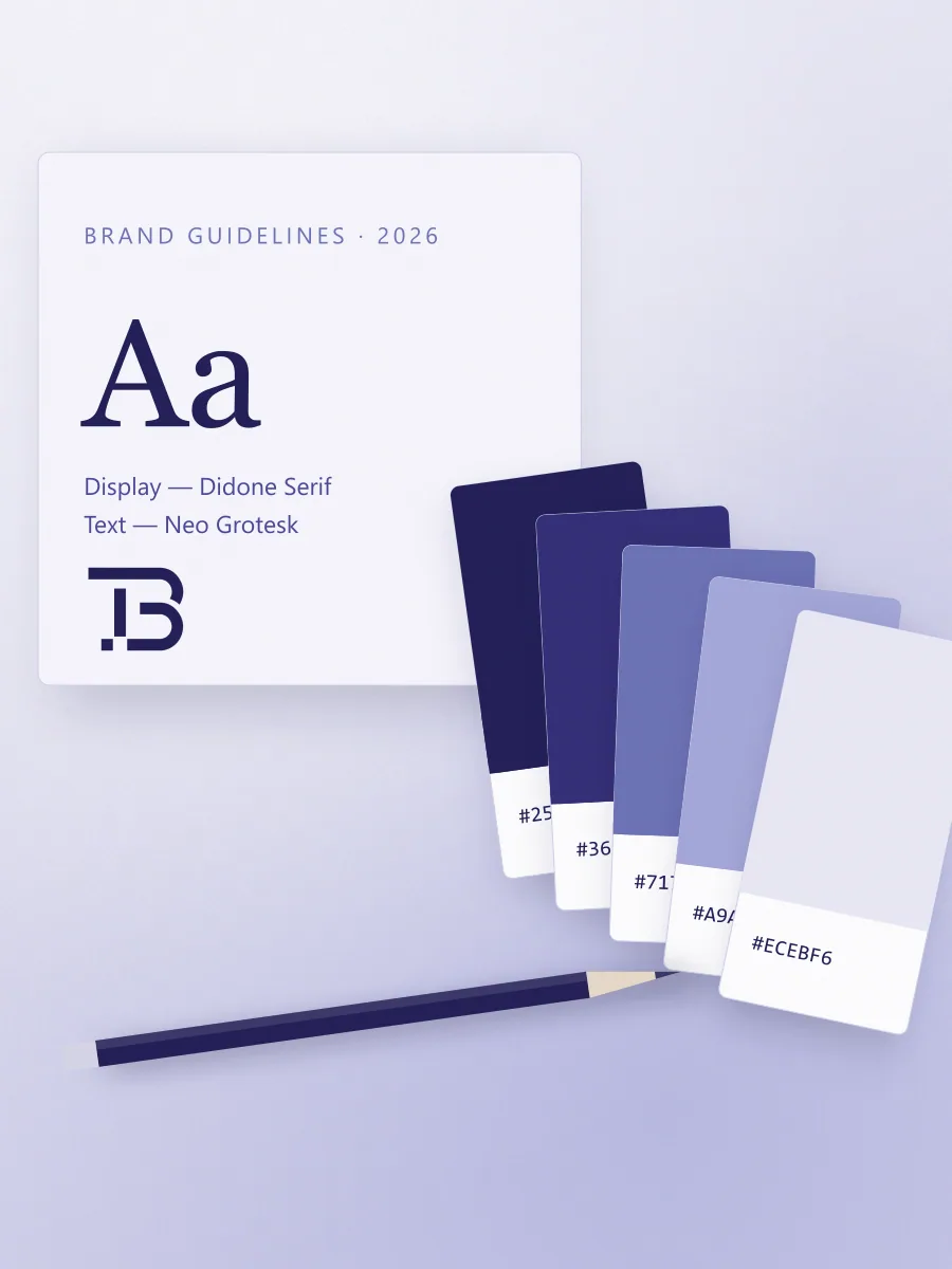 Brand kit with colour swatches, typography and logo studies