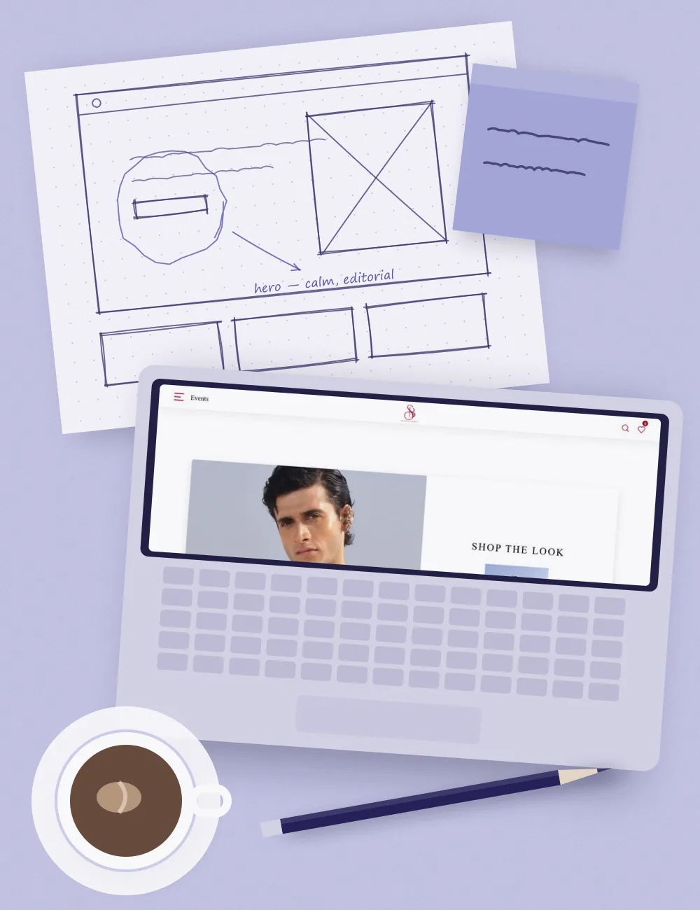 Techobits studio desk with wireframe sketches, a laptop and brand swatches