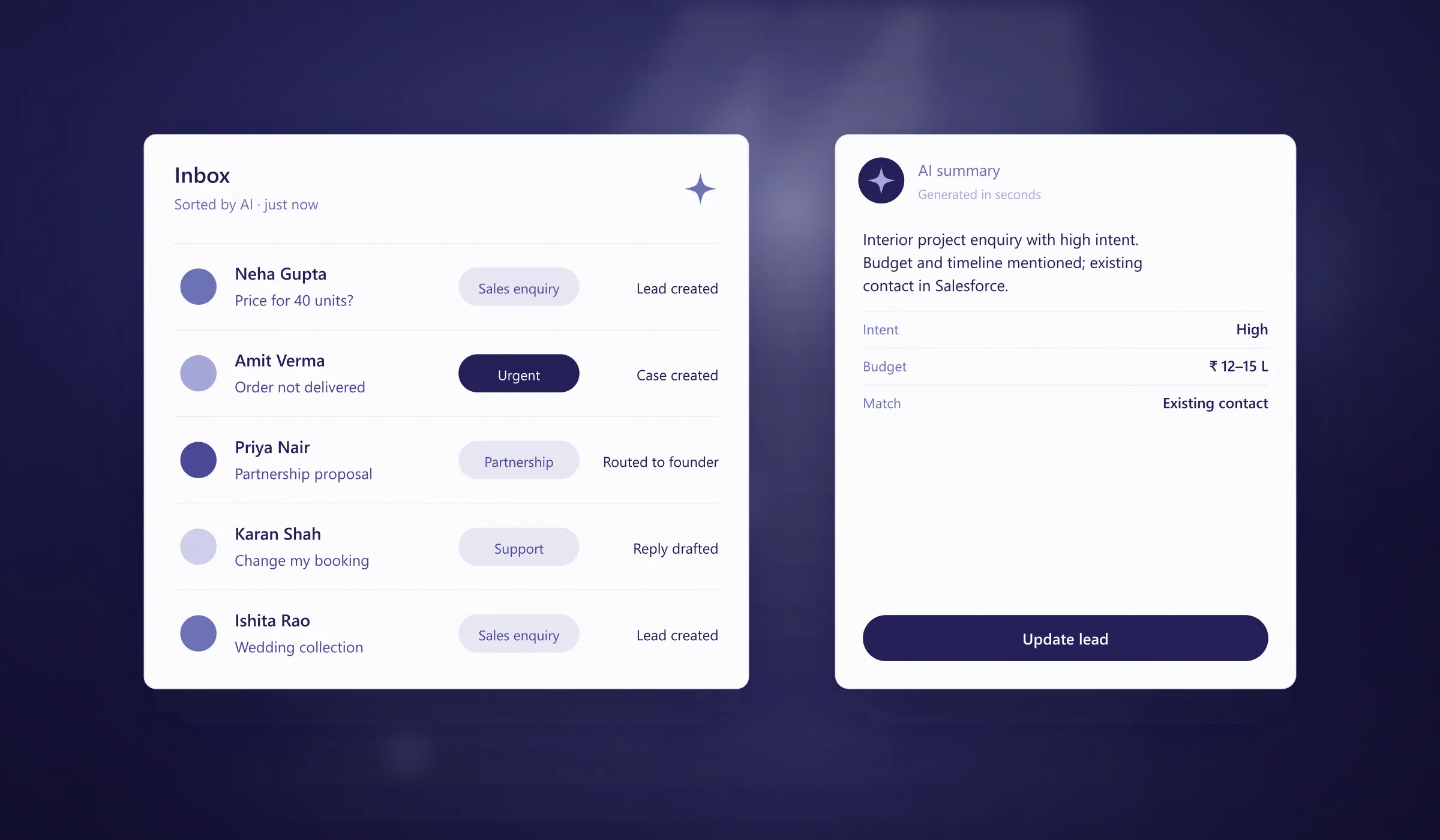 AI-sorted inbox beside an AI lead summary