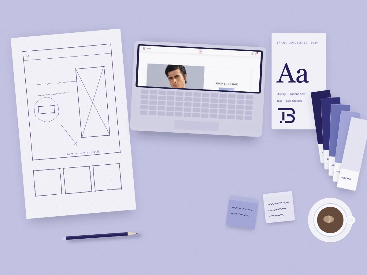 Wireframes, sticky notes and a laptop on the studio table